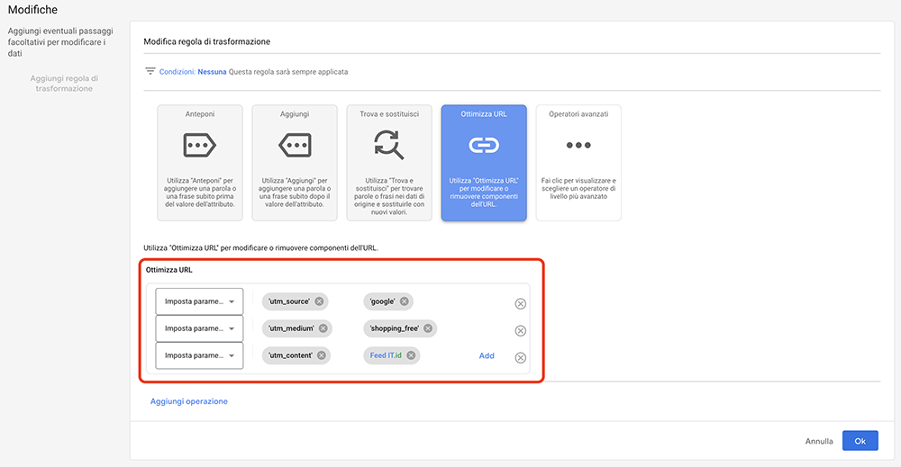 Impostazione UTM nell'attributo LINK tramite la funzione "Ottimizza URL"